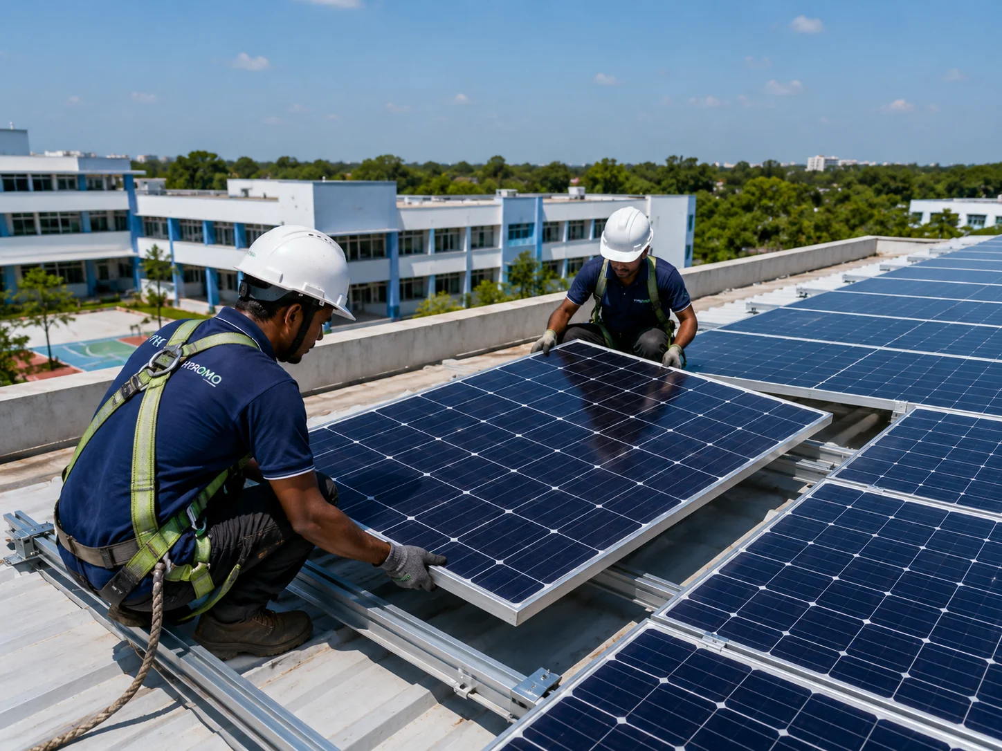 Solar panel installation process on school building