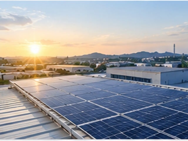 Solar panels installed on an industrial factory rooftop