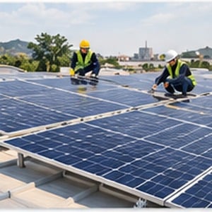 Solar panel mounting structures being installed on an industrial roof