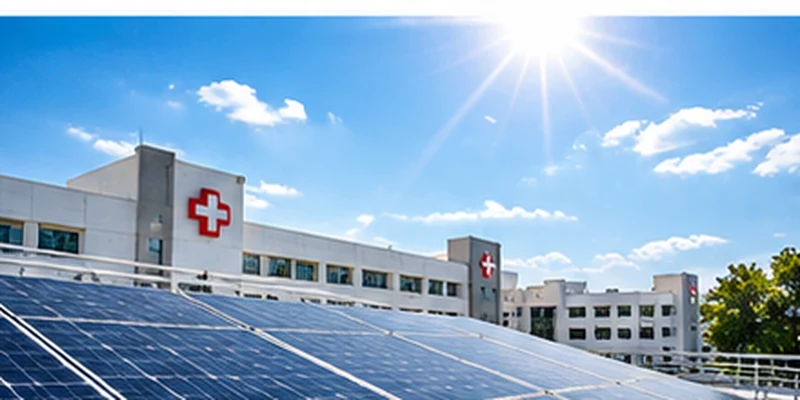 Rooftop solar PV panels on a hospital roof